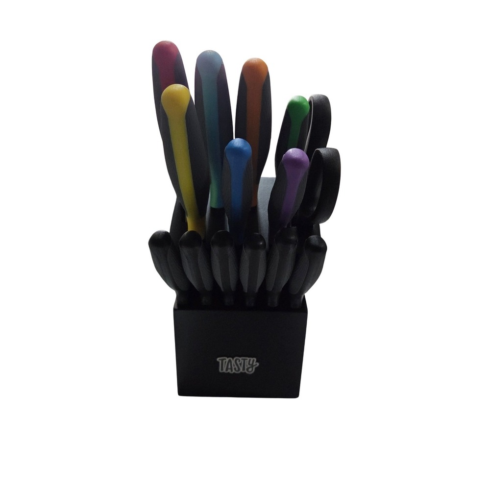 Tasty 11 Piece Knife Block Set Multi Color Soft Grip Handles Black Storage Block